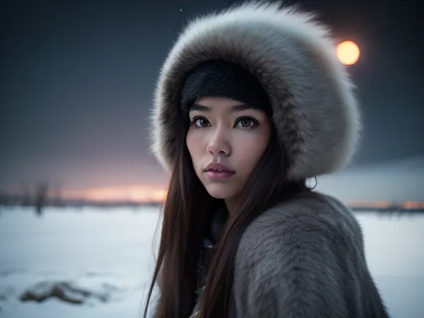 A young, beautiful, slender, Inuit Eskimo woman dressed in animal skins and war paint, She kneels, huskies, kayak, igloo, with many northern lights in the sky, She has a very pretty coquettish faded face, heartshaped lips, lip gloss, aroused skin, perky small breasts, She exhales, cold breath in the air, cold mood, detailed photo, photorealistic photo, realistic pretty women photo, realistic night vision soft focus parallax double exposure photo style, (view from side), panorama, #KITTYART



































#KITTYART