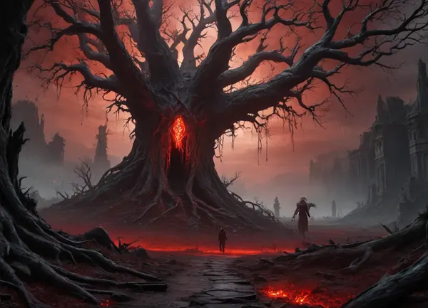 fantasy apocalypse, dark dystopian world, ruined ancient city overgrown with roots and crystals, blood-red sky with ominous black clouds, glowing magical runes on cracked ground, group of survivors in tattered cloaks and bone armor, shadowy creatures and mutated beasts roaming the ruins, massive otherworldly portal leaking dark energy, ethereal ghosts floating in the air, dark forest with bone-like trees and glowing veins, cinematic lighting, high detail, dark fantasy aesthetic, death symbolism, contrast of light and shadow