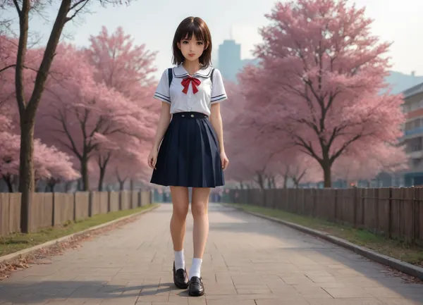 photorealistic, dark alleys of japanese metropolis, (highly detailed background, anime inspired background:1.6), beautiful 18yo high school student, (cute japanese girl:1.4), anime style face, japanese schoolgirl anime style uniform, (highly detailed hair, highly detailed face, highly detailed skin, highly detailed eyes), walking around for a fun, (full-length image:1.4)