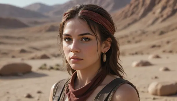 A desert rogue woman with a bandana and twin daggers, standing in a sandstorm, Dune-inspired aesthetic