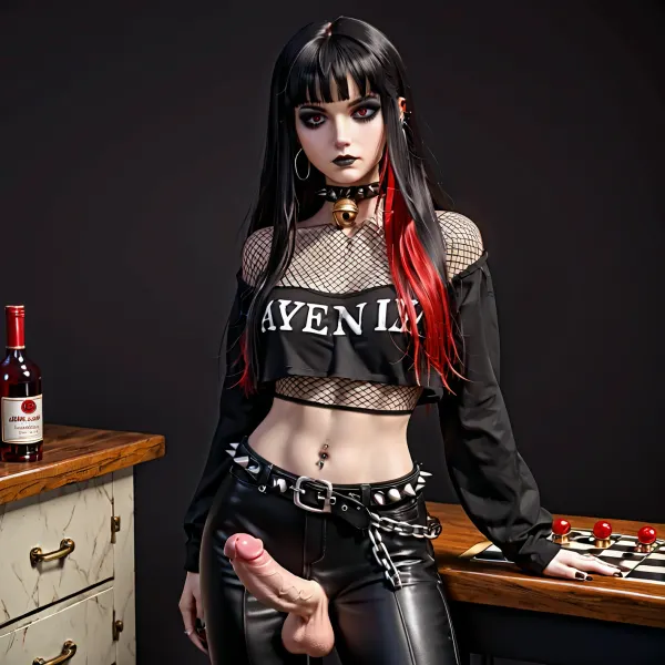 alluring shemale 90s style, 90s Aesthetics, emo 1girl, black emo hair, long hair with bang, checkerboard flared pants, low waist wide bell pants, closed mouth, stripped red and black shirt, holding, jewelry, long hair, midriff, (navel black piercing), solo. red checkerboard belt, eyeliner, chains, emo style, fishnet top, spikes, <lora:Late_90s_Japanese_Urban_Fashion:1>, erect-futa, erect-penis, woman, testicles, erection, <lora:SDXLlora13ErFut:.8>