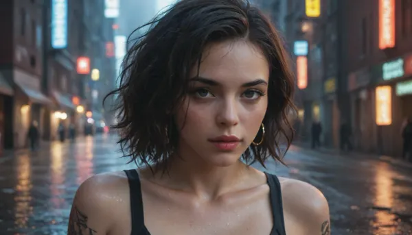 A neon-noir hacker woman with cybernetic tattoos, reflecting city lights on her face, rain-soaked cyberpunk alley.