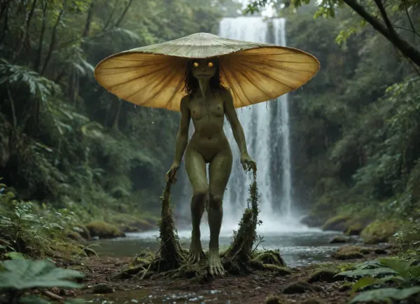 A full-body fantasy amphibian girl standing near a waterfall in tropical jungle setting, post-apocalyptic and mystical atmosphere. She has mutated features, green frog-like skin, visible yellow gills on the neck, snake-like slit pupils in her eyes, and a forked lizard-like tongue slightly sticking out. Her outfit is primitive and forest-themed made from leaves, vines and animal hide, barely covering her modesty. She’s looking directly at the viewer with predatory curiosity and primal intelligence. The scene takes place near a powerful waterfall surrounded by lush vegetation, mist, moss-covered stones and glowing fungi. Style, dark fantasy, dystopian, mystical realism, high detail, cinematic lighting.