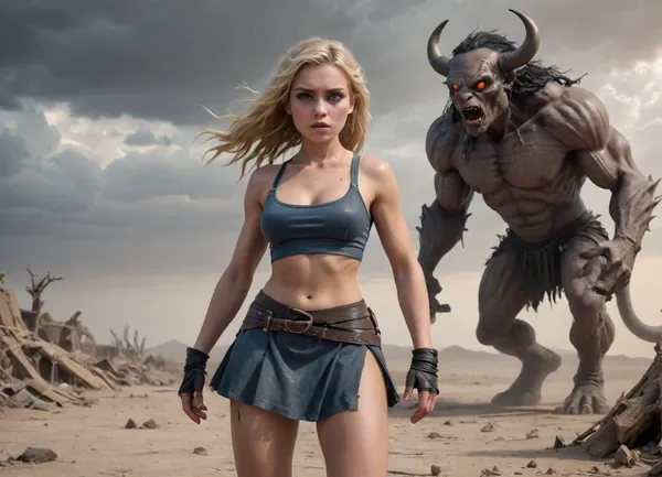 Two young women — desert survivors in a post-apocalyptic fantasy world — run across a vast cracked wasteland under an ominous grey-orange sky. The land is broken and lifeless, scattered with ruins of forgotten civilizations and twisted trees petrified by time.

The first girl has long golden-blonde hair tied in a messy braid and fair skin with soft, doll-like features. Her wide blue eyes are filled with fear but also fascination. She wears a skimpy outfit made from stitched leather and torn cloth, a cropped top and short skirt, both showing off her toned figure. As she runs, she looks back at the monster behind them with a mix of terror and strange attraction.

The second girl has short black hair and rich brown skin with full lips and large amber eyes that gleam with both panic and flirtation. Her clothes are more practical yet revealing — a wrapped leather top and a layered skirt made from old fabric scraps. She holds the blonde girl's hand as they flee, glancing over her shoulder with a look that mixes fear and seductive curiosity.

Behind them looms a monstrous mutated minotaur — over 10 feet tall, muscular and primal, with jagged obsidian horns, glowing red eyes filled with rage, scars of war etched into his flesh, and chains dangling from his waist. His body is a terrifying fusion of power and mutation — armor half-melted into muscle, exposed sinew beneath torn hide — yet there’s an undeniable animal magnetism to him. He stomps forward through swirling dust and ash, chasing the girls with predatory focus.

Style, dark fantasy, dystopian apocalyptic setting, cinematic lighting, dramatic action moment, high detail, sensual tension.., <lora:EnvyCuteXL02:.8>