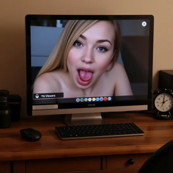 only a computer screen is visible taking up the whole picture, A computer screen on a rustic desk showing a cam show like on chaturbate.

the screen shows "a huge breast bimbo, ahegao face, mouth wide open, tongue out, roll eyes", A caption on screen says "716 Viewers", score_9, score_8_up, score_7_up, UHD 8K, masterpiece, best quality, extreme realism, cinematic still