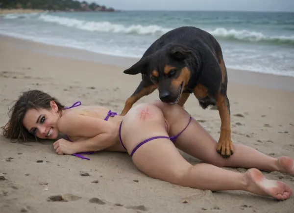 full side view, one single large ferocious snarling doberman pincer dog attacks dominates and strips the bikini off of a scared, crying defeated stunningly beautiful sexy tanned Amerasian 23 yo girl, displaced and torn purple bikini, girl is lying on beach, show nipples, displaced torn purple bikini top, purple bikini bottoms around knees, ((mascara-stained tears)), ((scratches and abrasions on tits and buttocks:1.1)), (((dog pulls bikini bottoms in dog's closed jaws:1.5))), (((dog holds bikini straps in dog's clenched teeth:1.5))), girl has look of despair, shaved pussy, dog bite's girl's ass, t0rn, Torn, clothes, Damaged, tanlines dog, sniff, torn, fly, down, at, _______, <lora:tornclothesv6-8:.8>, <lora:708827_training_data:.8>, photo, of, a, sks, <lora:pytorch_lora_weights:.8>
