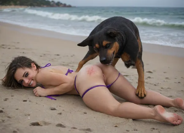 full side view, one single large ferocious snarling doberman pincer dog attacks dominates and strips the bikini off of a scared, crying defeated stunningly beautiful sexy tanned Amerasian 23 yo girl, displaced and torn purple bikini, girl is lying on beach, show nipples, displaced torn purple bikini top, purple bikini bottoms around knees, ((mascara-stained tears)), ((scratches and abrasions on tits and buttocks:1.1)), (((dog pulls bikini bottoms in dog's closed jaws:1.5))), (((dog holds bikini straps in dog's clenched teeth:1.5))), girl has look of despair, shaved pussy, dog bite's girl's ass, t0rn, Torn, clothes, Damaged, tanlines dog, sniff, torn, fly, down, at, _______, <lora:tornclothesv6-8:.8>, <lora:708827_training_data:.8>, photo, of, a, sks, <lora:pytorch_lora_weights:.8>