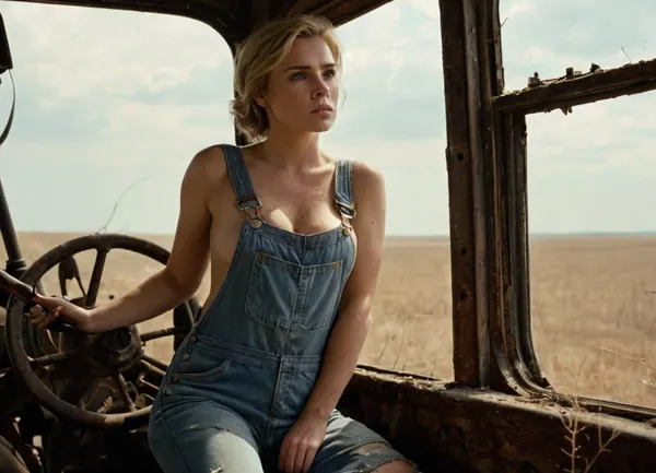 post-apocalyptic farmhouse interior, rustic wooden beams, cracked walls, dust and cobwebs, dim natural lighting through broken windows, lone female farmer, early-to-mid-30s, short blonde hair, freckles, curvy, voluptuous figure, ample bosom, tight-fitting, torn overalls exposing smooth legs, dirty bare feet, one strap fallen off her shoulder, top button unfastened revealing a hint of her lacy black bra, holding a worn rifle in her strong hands, wistful gaze out the window, smoke rising in the distance, (((abandoned fields))), (((barren landscape))), (((dilapidated farm equipment))), melancholic mood, atmospheric lighting, warm color palette, reddish sky color, high-detail, hyper-realistic, cinematic composition, 4k resolution, lens flare, depth of field effect