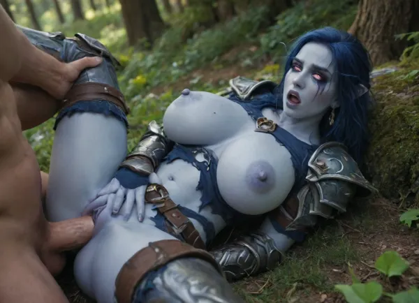 World of Warcraft, Sylvanas, massive tits, beuty girl, huge boobs, orgasm, sex, detailed face, forest, torn clothes, night elf girl, missionary, darkblue skin girl