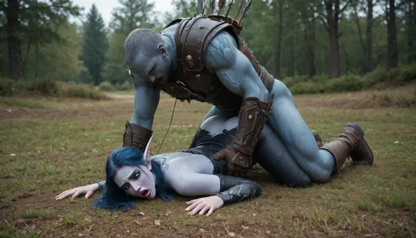 World of Warcraft, masterpiece, (Night elf girl), blue skin and hair, natural tits, beautiful girl, huge boobs, orgasm, sex, ((detailed face)), head thrown back, mouth open, crying, face down on the ground, ass up, torn leather clothes, being fucked hard in the anus by a huge, bearded, white, human, man, wearing leather armour, missionary, arrow quiver laying on the ground nearby, arrows sticking out of the ground around the scene, bad, anatomy, hands, feet, <lora:crying:.6>, <lora:badanatomy_SDXL_negative_LORA_SeaArtXL_v1:.7>