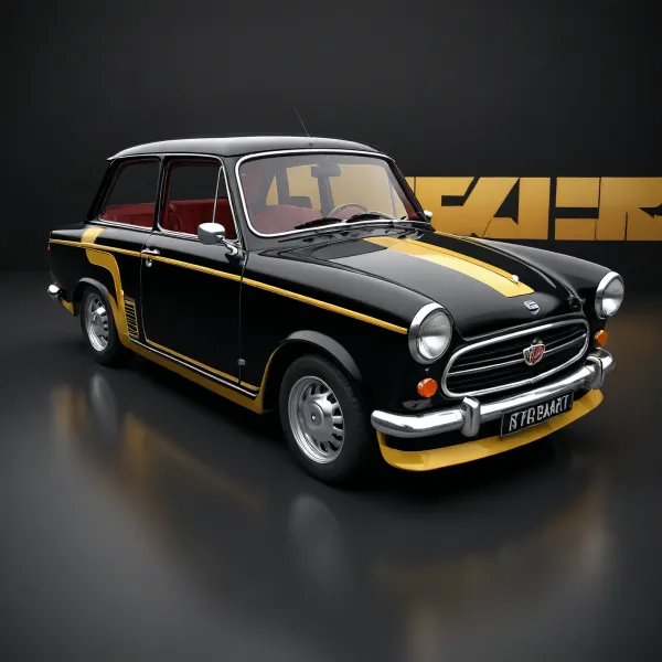 masterpiece, best quality, ultra-detailed, 8K, photo-realistic, full body, isometric view, from front, cyber world, black edged trabant601 parked racing_edition with gold_decoration, (simple black background:1.2)