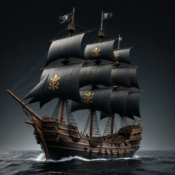 masterpiece, best quality, ultra-detailed, 8K, photo-realistic, full body, isometric view, from front, cyber world, realy large dark black brown wooden warship with a lot of guns and sails swiming on the ocean with pirate flag, (simple black background:1.2)