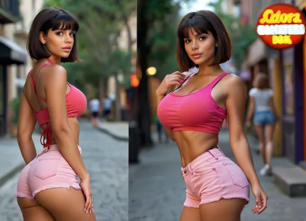 on the streets of a city, sex worker on the corner, hooker, prostitute, dora the explorer, (exploring working girl life with amazement and wonder), dora the explorer's outfit, dora, explorer, latina, mexican, tanned skin, black bob bowlcut haircut, bangs, jungle, ruins, jungle ruins, (orange denim shorts), (bright pink tank top), (yellow socks), (white sneakers), huge tits, huge ass, busty, giant boobs, giant butt, purple backpack, red light district, crop top, underboob, tiny shorts, booty shorts, cute face, pretty face, pretty eyes, high detail face, high quality face, high resolution photo, 8K, HD, best quality, solo, but, 4ng3l, face, <lora:UnderboobXL:.8>, <lora:Alanya Ruins:.8>, <lora:Latin_girl:.8>, <lora:BUT_SDXL_SHS:.8>, <lora:SDXL_BetterFaces-LoRA_v1:.8>