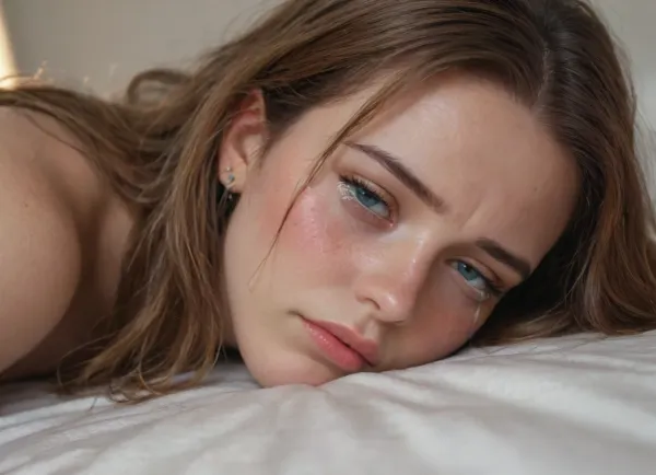 masterpiece, hyper realistic and detailed faces and emotions, intimate photo, homemade, sad 18 yo ginger girl, long hair, youthful face, (tears, sad:1.5), russian, beautiful innocent big sad eyes, insanely adorable, cute, gorgeous, light freckles, luscious sensual lips, natural beauty, eternal beauty, ageless beauty, (her face and expression showing a mix of submissive, sad, crying, face, orgasm face, shy, blushing, sensual, very shy, sad face, sad eyes, painful face, pain), half open eyes, prone bone, moaning, sweaty, creampie, waist, hourglass figure, 3/4 view, full body view, full body shot, side view, natural lighting, soft cozy lighting, intimate lighting, ultra detailed