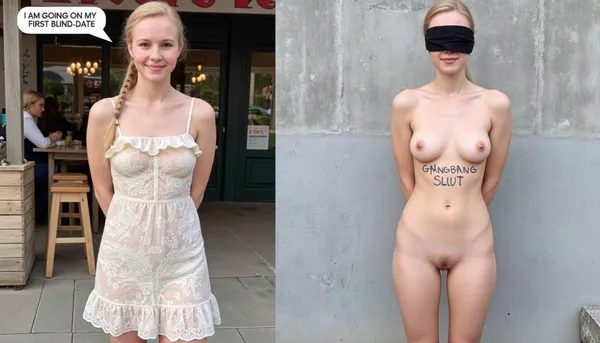 side-by-side two pictures of a young Scandinavian, slim, woman, with blonde hair, french braid. On the first picture on the left she wears a ruffled lace dress, standing in front of a café, speech bubble "I AM GOING ON MY FIRST BLIND-DATE". On the second picture on the right she stands naked in front of a concrete wall, blindfolded, hands behind back, and on her body is written text with big marker "GANGBANG SLUT".
