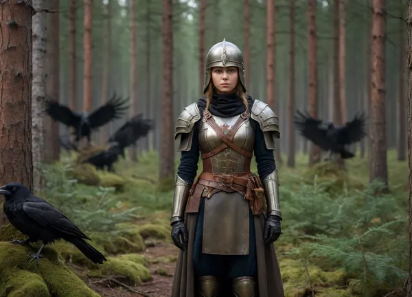 Russian girl-warrior in Russian battle attire, Russian armour, Russian helmet, after the battle, standing over the corpses of the defeated enemies, a raven sitting on her shoulder, spruce forest in background, (dense spruce forest), in the style of paintings by Konstantin Vasilyev, best proportion, (full-length image:1.3)