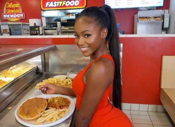 Beautiful Nigerian girl, 19 years old, model, in a fast food restaurant, slim, long hair in ponytail, smiling, red dress