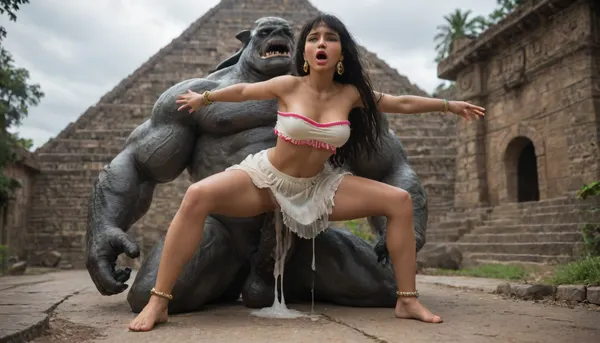 chel, road to eldorado, outdoor, aztec temple, sex with kaiju monster, chel fucked by giant kaiju monster, giant monster cock bigger than chel, hyper monster penis, stomach stretched by giant monster cock, clothes, cleavage, anklet, aztec pyramid, see through skirt, rainy day, huge creampie, fishnet, shy, cumming, sex, eye rolls, slut, cum filled pussy, screaming, crying, extremely stretched pussy, dick deep inside, screaming in pleasure