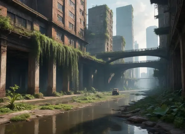 Bird's eye view of a post-apocalyptic metropolis, ** Endless jungles of concrete and steel are swallowed up by nature, skyscrapers with \ ** collapsed facades ** and ** rusted beams \ ** have turned into vertical gardens with \ ** giant ferns ** and \ ** creepers \ * entangle \ * cracks in the walls, and \ ** waterfalls of moss \ ** flow down through ** twisted elevators . The roofs are hidden under a dense canopy of jungle, trees whose roots turn freeways into crumbling slabs, littered with rusty car frames and leaning streetlights. Crumbling bridges \ ** overhang \ ** overgrown canals**, where \ ** brown bears \ ** drink from \ ** swamps with water lilies**, and \ ** herds of antelopes \ ** roam among ** destroyed billboards ** with \ ** peeling paint*. In the skyswift peregrine falcons * hunt at the flocks of crows circling above remnants of stadiums*, where* The setting sun breaks through toxic yellow smog, painting foggy haze in the* neon \, green and blood\, orange shades, and bioluminescent algae shimmer in underground rivers of the former metro.8K parts highlights cracks in the asphalt, peeling paint on abandoned tanks, bird feathers scattered in alleys*, dew drops on the web between antennas skyscrapers, rusty rivets on bridges and cactus needles piercing paving slabs. HDR \ lighting enhances the contrast between warm highlights on cheetah skin and cold shadows in dungeon pits*, and * ray tracing creates three-dimensional fog*that envelops * the remains of the helicopter on \ ** runways**. ******Lossless PNG format \ * saves \ * ultra \, details, starting with \ ** python scales ** on \ * monument from garbage ** to \ * ice crystalson \ ** ice arches \ ** in \ ** underground permafrost storages **. Nature didn't justwin— itrewrote the DNA of the megalopolis, turning it into asymbiosis of the apocalypse and rebirth.