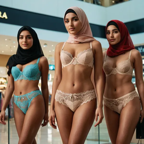 three, (very petite), Arabic women, (20 years old), standing on a stage in a modern shopping mall wearing lace-lingerie, (different colors), lace-bra, lace-panties, lace-hijabs., (realistic, hd, photography), .