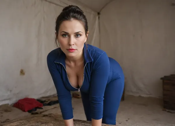 (4K UHD ultra-detailed RAW photo), high detailed, 8k, (photorealistic:1.7), raw photo, face focus, 1/2 body view, soviet mature woman, ((completely clothing)), ((in blue sport suit)), (curvy body), ((black updo BOUFFANT haircut)), cleavage, 40 years old, perfect face, ((sad:1.3)), blue eyes, makeup, red lipstick, ((standing near the tent)), ((bent over)), <lora:580159_training_data:.5>, plump, skindentation, chubby, bbw, venus, body, big, breasts, ass, <lora:Chubby BBW - XL:.8>