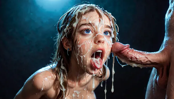Sweet, youthful, tight body, sexy, girl, long straight hair, 31 years old, (cum on face:1), (cum on hair:1.9), (mouth wide open:1.4), (cum on body:1.4), dark environment, bright blue lights, wonder, small ass, large saggy breasts, tight, mesmerised, holding breasts, stalker, ghost cock, climax, wet body, spirits surrounding her, dark entities lusting, figures surround her, shadow figures, figures ready to fuck, surrounded by cocks, drooling cum, woman, cum, on, face, <lora:JustCum:.8>