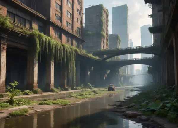 Bird's eye view of a post-apocalyptic metropolis, ** Endless jungles of concrete and steel are swallowed up by nature, skyscrapers with \ ** collapsed facades ** and ** rusted beams \ ** have turned into vertical gardens with \ ** giant ferns ** and \ ** creepers \ * entangle \ * cracks in the walls, and \ ** waterfalls of moss \ ** flow down through ** twisted elevators . The roofs are hidden under a dense canopy of jungle, trees whose roots turn freeways into crumbling slabs, littered with rusty car frames and leaning streetlights. Crumbling bridges \ ** overhang \ ** overgrown canals**, where \ ** brown bears \ ** drink from \ ** swamps with water lilies**, and \ ** herds of antelopes \ ** roam among ** destroyed billboards ** with \ ** peeling paint*. In the skyswift peregrine falcons * hunt at the flocks of crows circling above remnants of stadiums*, where* The setting sun breaks through toxic yellow smog, painting foggy haze in the* neon \, green and blood\, orange shades, and bioluminescent algae shimmer in underground rivers of the former metro.8K parts highlights cracks in the asphalt, peeling paint on abandoned tanks, bird feathers scattered in alleys*, dew drops on the web between antennas skyscrapers, rusty rivets on bridges and cactus needles piercing paving slabs. HDR \ lighting enhances the contrast between warm highlights on cheetah skin and cold shadows in dungeon pits*, and * ray tracing creates three-dimensional fog*that envelops * the remains of the helicopter on \ ** runways**. ******Lossless PNG format \ * saves \ * ultra \, details, starting with \ ** python scales ** on \ * monument from garbage ** to \ * ice crystalson \ ** ice arches \ ** in \ ** underground permafrost storages **. Nature didn't justwin— itrewrote the DNA of the megalopolis, turning it into asymbiosis of the apocalypse and rebirth.