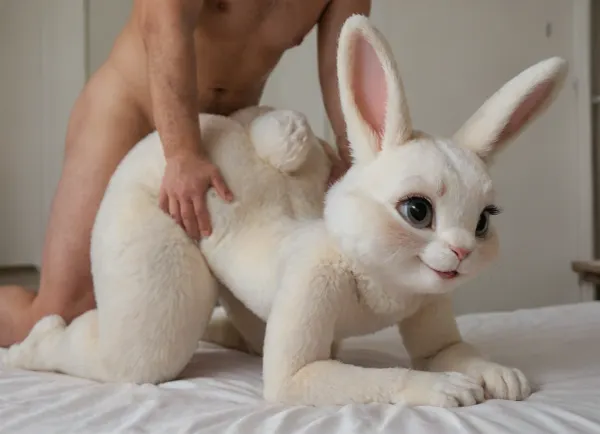 ((fluffy rabbit furry:1.8)), white, cute, big eyes, long eyelashes, (animal:1.5), ((chubby)), (flat chested:1.5), (oversized wide hips:1.5), (oversized thick thighs:1.5), smile, happy. Nude., (View from side), (analsex in doggystyle by male human:1.5), on all fours., ((Anal penetration from behind))