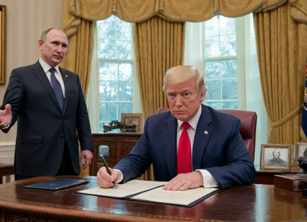 Oval Office, US President Trump signs a decree, Vladimir Putin hands him a pen and shows him where to sign, make homework with trump, proud people of america, Russia flagg and in background, two asshole in one room, huge drawn pic stalin picture in background, Trump the most submissive president ever, Putin's toy boy, tv-series simpson stil