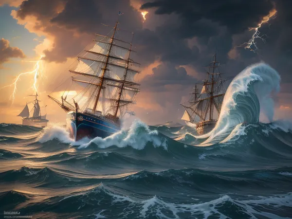 Seascape, ship on the high seas, storm, high waves, colored ink Mikhail Garmash, Louis Jover, Victor Cheleg, Damien Hirst, Ivan Aizovsky, Claude Joseph Vernet, broken glass effect, no background, amazing, vintage sailing ship, a strong storm, huge frothy waves, thunderclouds covered the entire sky, lightning flashes on the horizon, energy, molecular, textures, shimmering and luminescent colors, breathtaking beauty, pure perfection, divine presence, unforgettable, impressive, three-dimensional light, auras, rays, vibrant colors, Broken Glass effect, stunning, sea, undersea