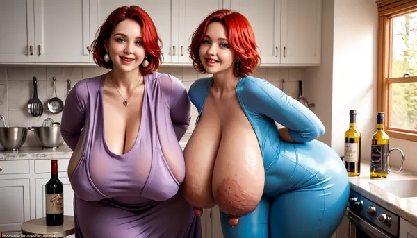 bottle of vodka, mommy gets drunk on grey goose vodka then she gets, naked 40 yo, saggy tits, busty, plump, housewife, kitchen, leaning over to show her deep cleavage, sunny day, sunrise, red hair, short hair, perfect eyes, (high leg blue bodysuit, sleeves, purple clothes), (huge square hips, bare hips:1), bare legs, leaning forward, fully clothed, bent over, standing, (huge saggy tits:1.6), (big tits:1.5), hanging natural boobs, (cleavage), (pawg), huge ass, wide hips, ssbbw, (bbw:1.3), chubby, (voluptuous), large breasts, amateur face, round face, makeup, playful, seduction, hands behind back, high contrast photo, sagging, breasts, <lora:256210_training_data:.7>, <lora:milkers_v2:.5>, <lora:sagging-000015:.3>