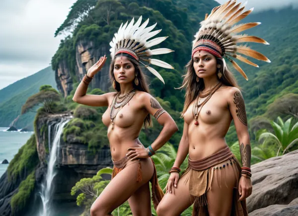 psychedelicai two naked 20-year-old girls standing doing tai chi in Indian headdresses and headscarves on a rocky outcrop in a lush, fantasy-like mountain landscape on the seashore. The scene is filled with tall trees, similar to the Araucaria angustiflora of Brazil, cascading waterfalls and misty mountains under a vibrant sky, and Hindu temples all around. The girls are adorned with intricate jewelry and bracelets and tribal tattoos suggesting a connection with nature, fractal, Meticulous, Refined, High-Quality, Well-executed, Extraordinary, Artistic Triumph, Unparalleled Masterwork, Sharp Focus, Precise Clarity, 32k, ultra-high resolution, Full-Frame DSLR, Global Illumination, Dynamic Lighting, soft particles, real-time ray tracing, extremely detailed, vedika, pinto, barbarian, detailxl, <lora:psychedelicai-SDXL:1.4>, <lora:Vedika_Pinto_SDXL_LoRA_adafactor:1.5>, <lora:RPGBarbariansXL:1.3>