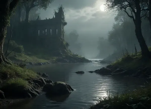 The scene shore with vegetation in the style of dark fantasy-a dystopia with a very detailed and atmospheric environment. The world in the water is magically infected with glowing anomalies, perverted nature. Light that casts eerie shadows. The art style combines elements of medieval fantasy.