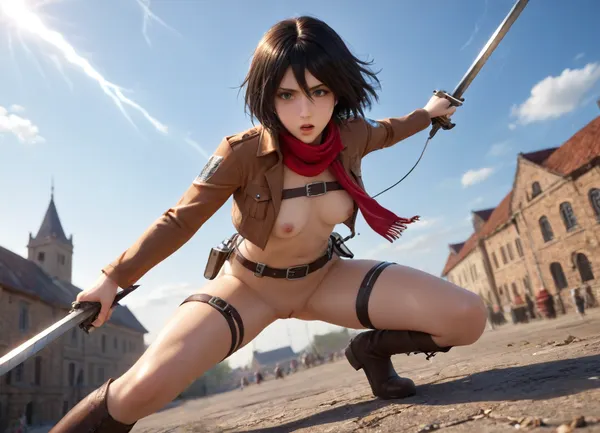 1girl, Mikasa Ackerman, 18 years old, long dark hair, scout jacket, breasts exposed, red scarf, short brown boots, warry face, badass attitude, shouting, (double leather belts around thighs), belt around waist, epic squat fighting pose, one knee on ground, other knee up, very slim fit athletic body, sweaty skin, small b cup breasts, thigh gap, shaved pussy, naked, on high rooftop, in medieval city, very sunny, windy, ((1 lightning bolt coming from the sky is striking ground behind girl)), sunlight and shadows on girl, holding swords, detailed hands, bent over, ((leaning angle)), sunlight_str1, AoT1024, Attack, titan, wears, a, costume, two, swords, squat, fighting, pose, knee, on, ground, made, of, golden, and, blue, red, yellow, purple, lightning, thunder, trails, lthndrtrl, <lora:mikasa ackerman:.8>, <lora:sunlight_str1-SDXL_v1-dim64-steps1691:.8>, <lora:AoT1024:.8>, <lora:fightingpose:.8>, <lora:lightning_thunder_V1.1:.1>