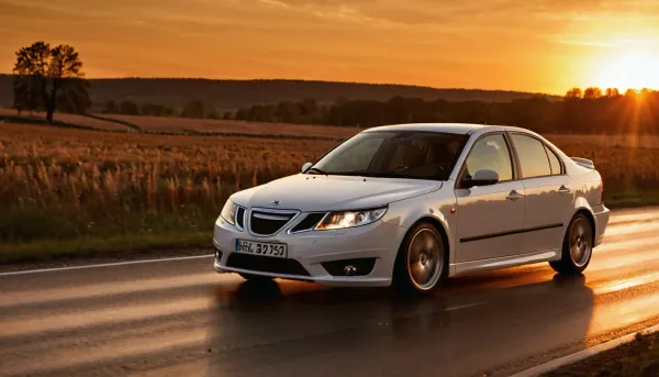 white saab 9-3 car, drifting, sunset