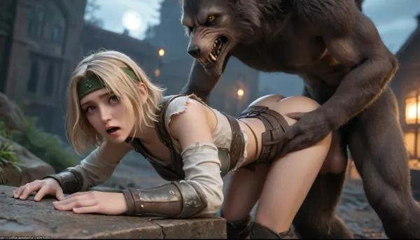 sexy woman, 40 years old, warrior woman, blonde hair, Wet Body, headband, armor, shoulder, pants, vaginal sex with a werewolf, huge cock, whole body, bent over, doggy style, scared shocked face, torn clothes, moonlight, night, apocalypse, excessively hairy bush, dense long pubic hair, excessive pubic hair, <lora:253562_training_data:.8>, <lora:add-detail-xl:.8>, <lora:681678_training_data:.8>