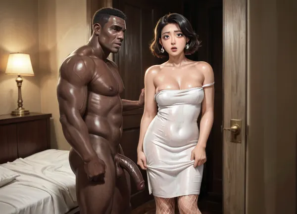 Asian Korean white skined woman with huge black African brute, interracial, (light dress undressing:1.4), (pale woman:1.5), moisture art, reiq art, dross art, short slim chubby woman, beautiful detailed face, big eyes. View through door. naked wife, fishnet stockings, close view, her legs up, scared face, bedroom, ((naked African brute on background)), man standing behind spreading her legs, before sex, she is sitting on bed, wet hair, hulk size black brute, tall man short woman, black men in the room, ((man pushing her to bed)), scared, covering, looking back, ((man stands aside)), perspective, she is far from viewer, big black cock, Low-key, lighting, Style, dim, low, dramatic, partially, shadow, warm, light, style, <lora:add-detail-xl:.8>, <lora:M05_Intensify:.8>