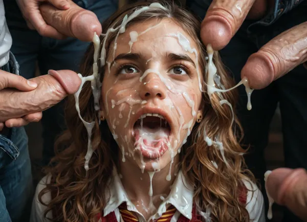 (detail Hermione Granger face), realistic cum, (cum on clothes), cum on, (Cum flows:1.5), (cum on body), cum on hair, (cum on face), bukkake, ((Clothes and body covered with semen)), (mouth wide open:1.4), (mouth filled with cum:1.5), beautiful face, (cum on hair:1.3), young adult woman