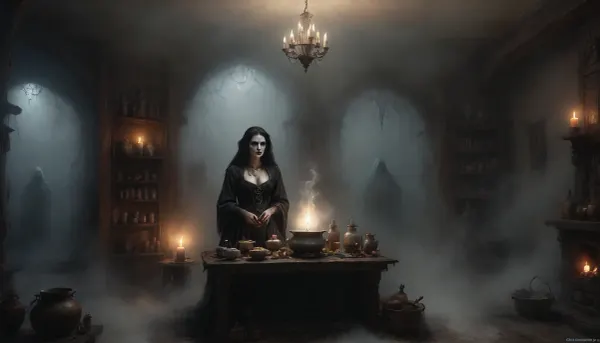 A slender, Very sexy, extremely flat-chested solo, (a witch prepares a magic potion:1.9), She wears an worn authentic wide open witch's outfit. Torn and holey clothes reveal sexy insights. Perfect face. A messy witch's kitchen deep in the forest. A crooked, miserable wooden hut, (A large pot simmers on the open fire.), colorful glowing magic potions are brewing. Numerous potion ingredients are lined up everywhere on the shelves. A highly detailed depiction of the witch's kitchen. The full moon bathes the room in silver light. The warm light from the fire and the candles in the room contrasts. break, (scary apparitions outside in the fog:1.8), ((ghostly, frightening huge white faces appear in the thick fog outside the window:1.8)), Black, and, white, art, black, pencil, shading, charcoal, drawing, toned, paper, brutal, dark, b/w, color, scheme, <lora:Black and white art.V1:1>, <lora:ahxl_v1:1.4>