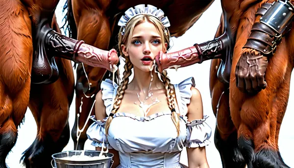 Beautiful woman, dark skin, large breasts. Hair in braids. Milk maid dress. Collecting cum from minotaur in a large bucket. Large horse penis ejaculating into bucket. Womans face near mi itaur penis. Bucket overflowing with cum.