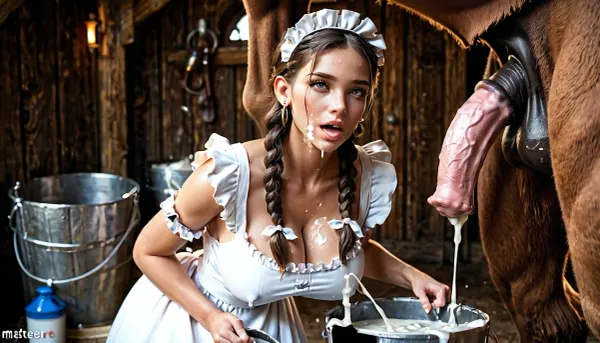 Beautiful woman, dark skin, large breasts. Hair in braids. Milk maid dress. Collecting cum from minotaur in a large bucket. Large horse penis ejaculating into bucket. Womans face near mi itaur penis. Bucket overflowing with cum.