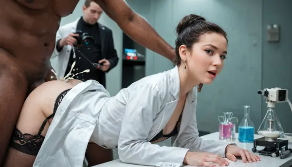 photorealistic image, (woman fucks African man in laboratory:1), black hair, slender figure, small breasts, red lab coat, black lace lingerie, sheer garter belt, glossy stilettos, flushed expression, intense camera glare, African man with chubby frame, african man with long penis, lustful focus, white open lab coat, dark undershirt, all persons fully visible, vaginal sex, hardcore sex, extreme creampie, doggy sex, vigorous thrusting, cum overflowing, lingerie exposed, lab coat unbuttoned, garter belt snapped, laboratory setting, sterile countertops, glass beakers, bubbling test tubes, chemical vials, microscope, scattered lab notes, blue neon illumination, reflective steel cabinets, humming equipment, night, candid voyeuristic photo, paparazzi spy photo, GND, masterpiece, slightly blurred, unusual angle, natural poses, candid expressions, perfect, eyes, skin, blemish, detailed, Dsk_OutrunXL, <lora:polyhedron_all_sdxl-000004:1>, <lora:DetailedEyes_V3:1>