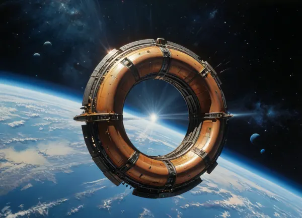 enormous 1970's science fiction torus ring spaceship, drifting through the emptiness of deep space, Chris Foss, John Berkey, Peter Elson, <lora:xl_more_art-full_v1:.8>, <lora:add-detail-xl:.8>, <lora:detailed_notrigger:.8>