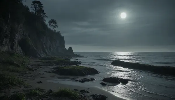 The scene is made on the ocean shore with vegetation in the style of dark fantasy-a dystopia with a very detailed and atmospheric environment. The world in the water is magically infected with glowing anomalies, perverted nature. Light that casts eerie shadows. The art style combines elements of medieval fantasy.
