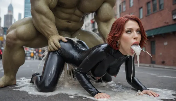A destroyed new york city: a hyper realistic masterpiece of a slim hourglass black widow face-fucked by the monstrous, fierce green hulk