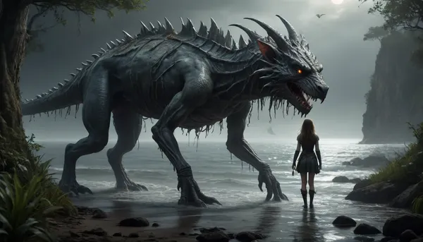 The scene is made on the ocean shore with vegetation in the style of dark fantasy-a dystopia with a very detailed and atmospheric environment. The world in the water is magically infected with glowing anomalies, perverted nature, and the remnants of vanished civilizations. The light is unnatural, casting eerie shadows . Creature girl and characters \ \ mystical, hybrid, animal-like anthropomorphic creatures with dangerous or wild traits. The art style combines elements of medieval fantasy.
