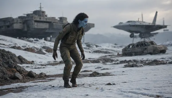 halfnude blue skinned alien female in torn space jumpsuit crawling through the snow, prostrated, wrecked, wounded, helpless, her broken wrecked space ship in background, not human, alien body, alien proportion, alien anatomy, green blood, (full-length image:1.3)