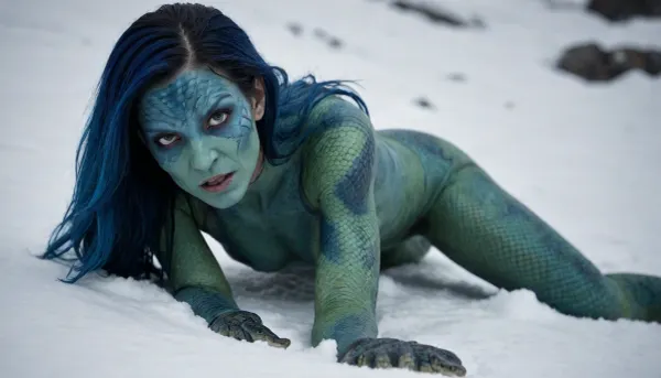 (not human, alien body, alien proportion, alien anatomy, snake-like face, green blood, ((blue skin), scaly snake skin, reptile-like skin, scales)), alien female in torn and tattered space jumpsuit creeping through the snow, crawling, prostrated, ((halfnude)), wrecked, wounded, helpless, her broken wrecked space ship in background, (full-length image:1.3)
