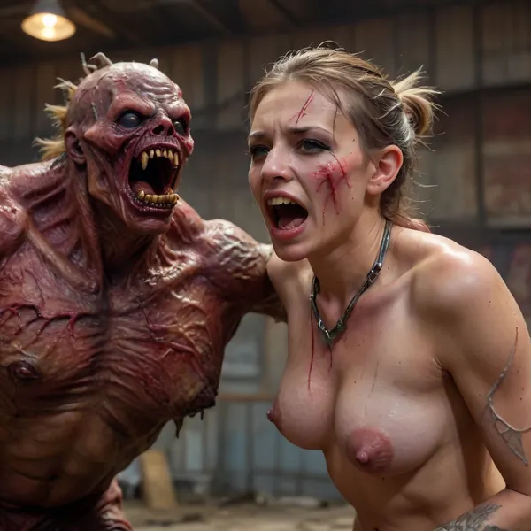 masterpiece, (((sexy face girl))), high quality, highly detailed, (tattoo on breast:1.6), (burn marks:1.4), (perfect skin holes:1.7), high resolution, 8k, ultra realistic, highly illuminated, intricate details, photo realistic, (bound naked young skinny woman with huge fake deformed boobs:1.5), (huge nipples:1.4), (bruise face), (lash marks:1.7), ((fighting against a meatsack monster in an abandoned factory:1.8)), bondage, restraint, hogtied, (metal collar neck:1.4), (struggle:1.5), ((chained boobs:1.4)), fx-monsters-xl-meatsack, (creature, monster:1.7), <lora:fx-monsters-xl-meatsack:.5>, <lora:tiedbreastsblue_XL_reg0_:.5>, <lora:eGirls_XL_v1:.8>