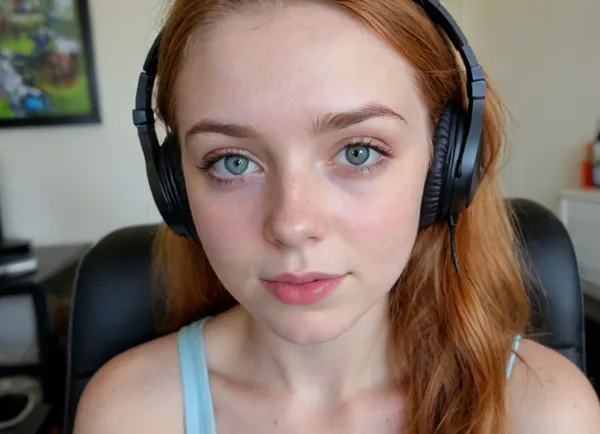 (18 Year old gamer girl:2), (headphones, twitch streamer, sitting in a gamer chair:1.5), (Irish, pale skin, freckles, freckles on face), (web cam snapshot, portrait, face portrait with emphasis on her eyes, close up of face, fisheye lens:1.5), (ring lighting, ringing lighting reflected in eyes), (Scandinavian and Irish features), (photorealistic, photo realistic, photorealism, photo realism:1.8), (4k, 8k, 8k resolution, best quality, ultra quality, highest quality, maximum quality, uncompressed, raw source photograph:1.2), (same color eyes, symmetric eyes, matching eyes, detailed eyes, detailed iris, detailed pupils, limbal ring around iris, perfectly round iris, perfectly round pupils:1.4), (detailed skin, high detailed skin, intricately detailed skin, perfectly detailed skin, high quality skin, highest quality skin, exquisitely textured skin), (intricate clothing, detailed clothing), (microblade eyebrows, perfectly manicured eyebrows), (flushed cheeks, flushed neck, blushing cheeks, blushing neck), (overfilled lips, juicy lips, filled lips, puffy lips, glossy lips, her thick wet lips are slightly parted, nervously biting lower lip, lip bite, lip biting), (casual makeup, subtle makeup, natural makeup), (narrow jaw, delicate jawline, pointed jaw and chin, heart shaped face, pixie face, fairy face, fae features, extremely feminine face, round face, chin, mouth, high cheekbones, sharp cheekbones, faint vellus hairs, cute tall tall tall dimpled cheeks), (upturned button nose, upturned nose, delicate nose, nose), (long hair, wavey hair, loose hair framing her face, messy hair, tousled hair, bed hair, sex hair, dark ginger hair with dark roots), (eyes slightly crossed, big eyes, wide eyes, doe eyes, slightly wide set eyes), (striking eyes, captivating eyes, mesmerizing eyes, fae eyes), (pale green eyes with golden flecks), (huge breasts, large breasts, large natural breasts), (athletic body, sporty body, lean body, muscular body, muscle shoulders, defined shoulders, rock climber body), (close up portrait of face, tight closeup of face, closely zoomed in on face, tight in on face, extreme closeup), (looking straight into the camera, looking straight ahead, head slightly raised, gazing lovingly straight into the camera, looking down on her from above), (she's in love, adoring gaze), (no nudes, nonnude), (relaxed posture, casual pose, casual outfit, casual attire, casual underwear), (loving expressing, adoring expression, joyous, joyful, pleased), (girlfriend, girlfriend material, girlfriend experience)